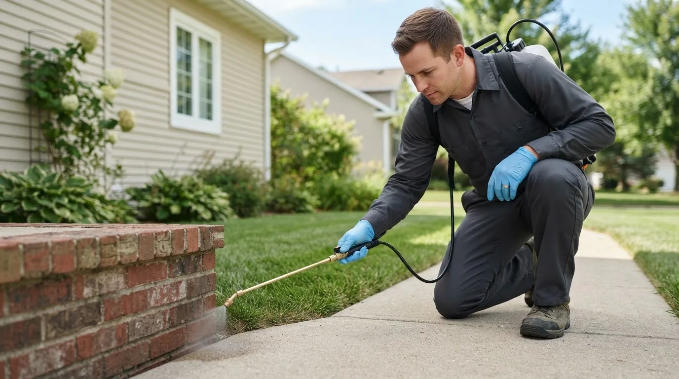 Pest control technician treating a home near Borup, MN