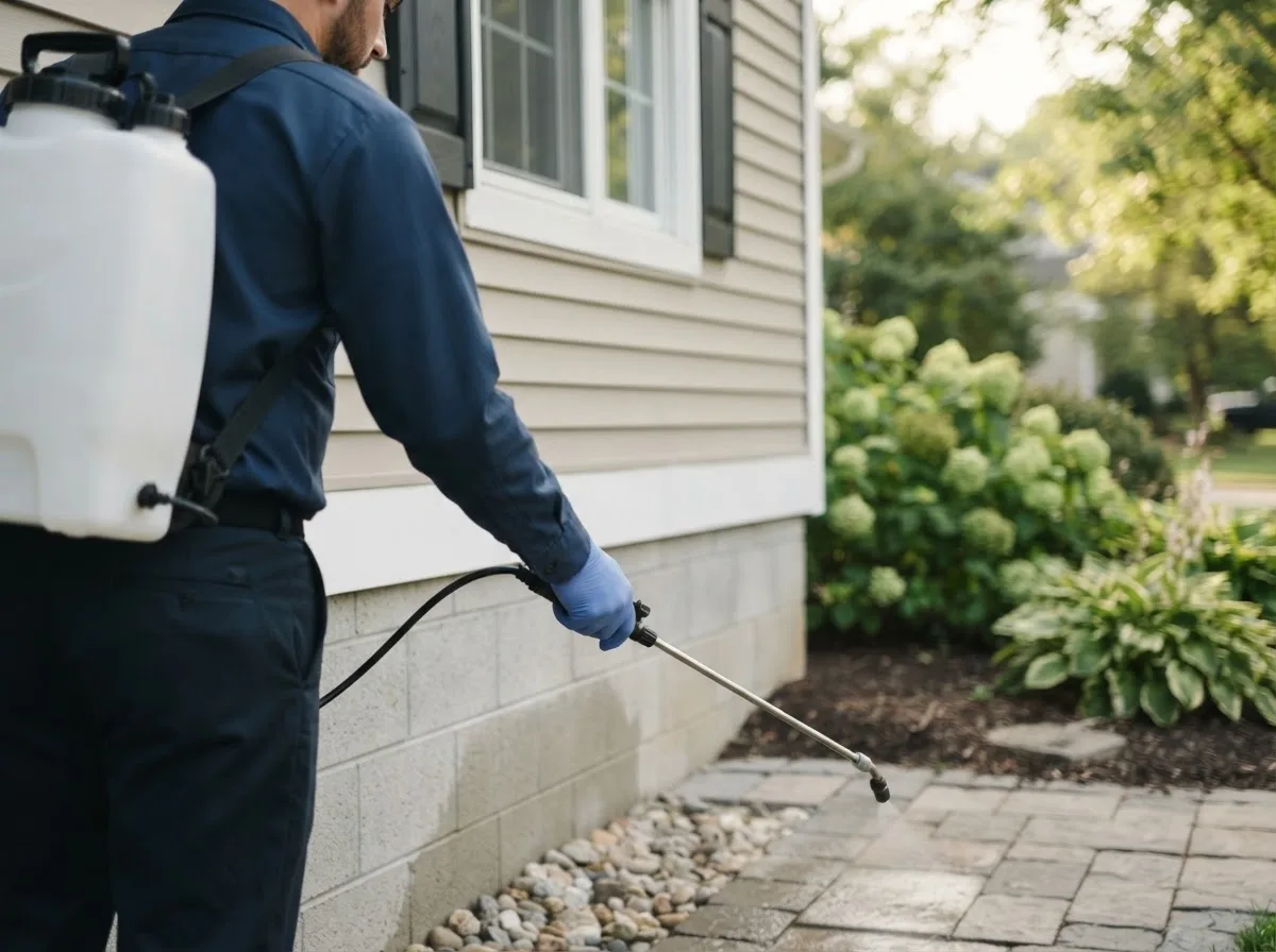 Pest control technician inspecting a home in Borup, MN